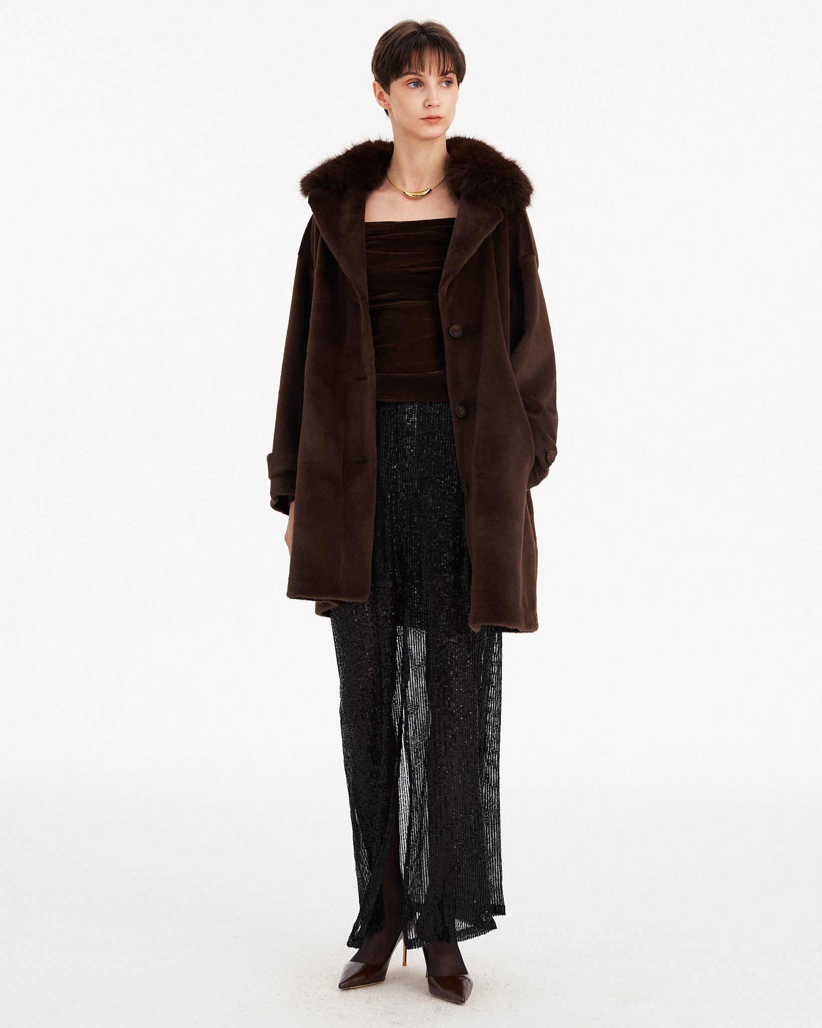 CAPPOTTO LUNGO IN ECOPELLICIA CON BOTTONE