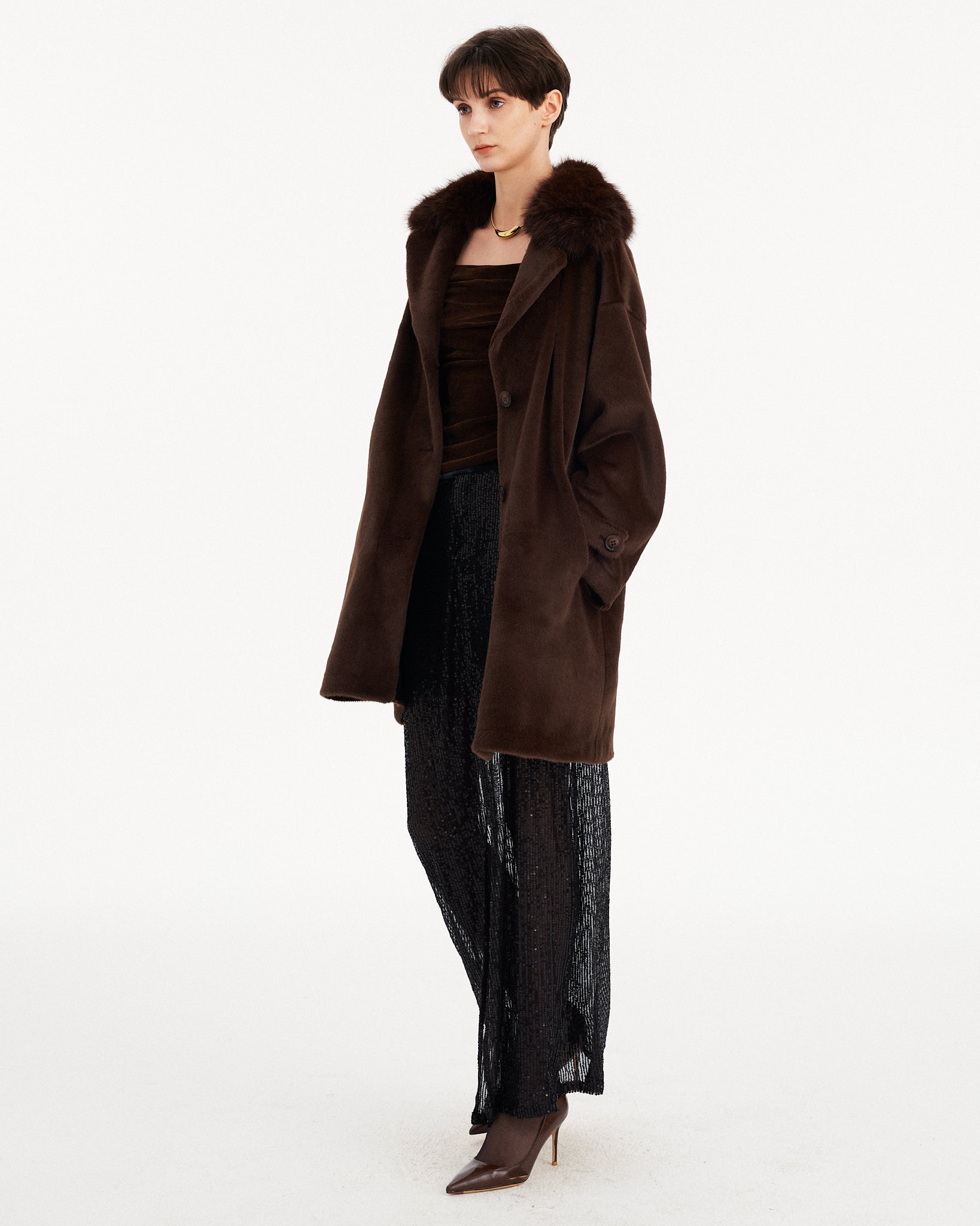 CAPPOTTO LUNGO IN ECOPELLICIA CON BOTTONE