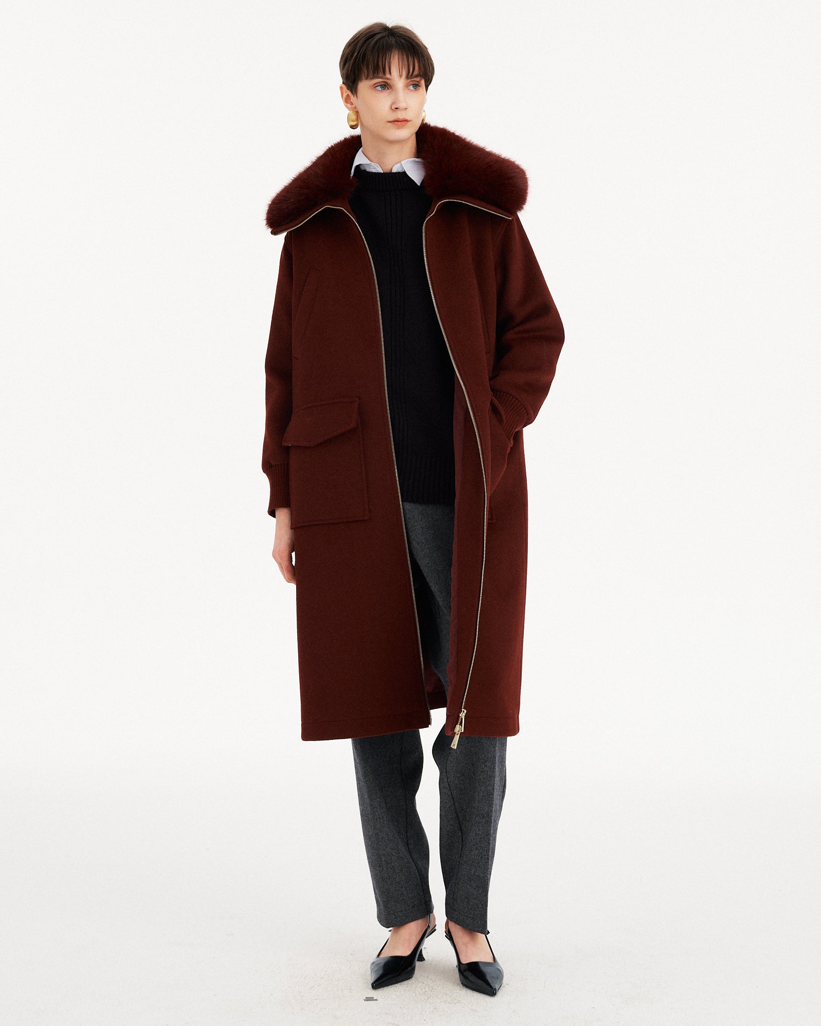 CAPPOTTO LUNGO CON COLLO IN PELLICCIA E ZIP