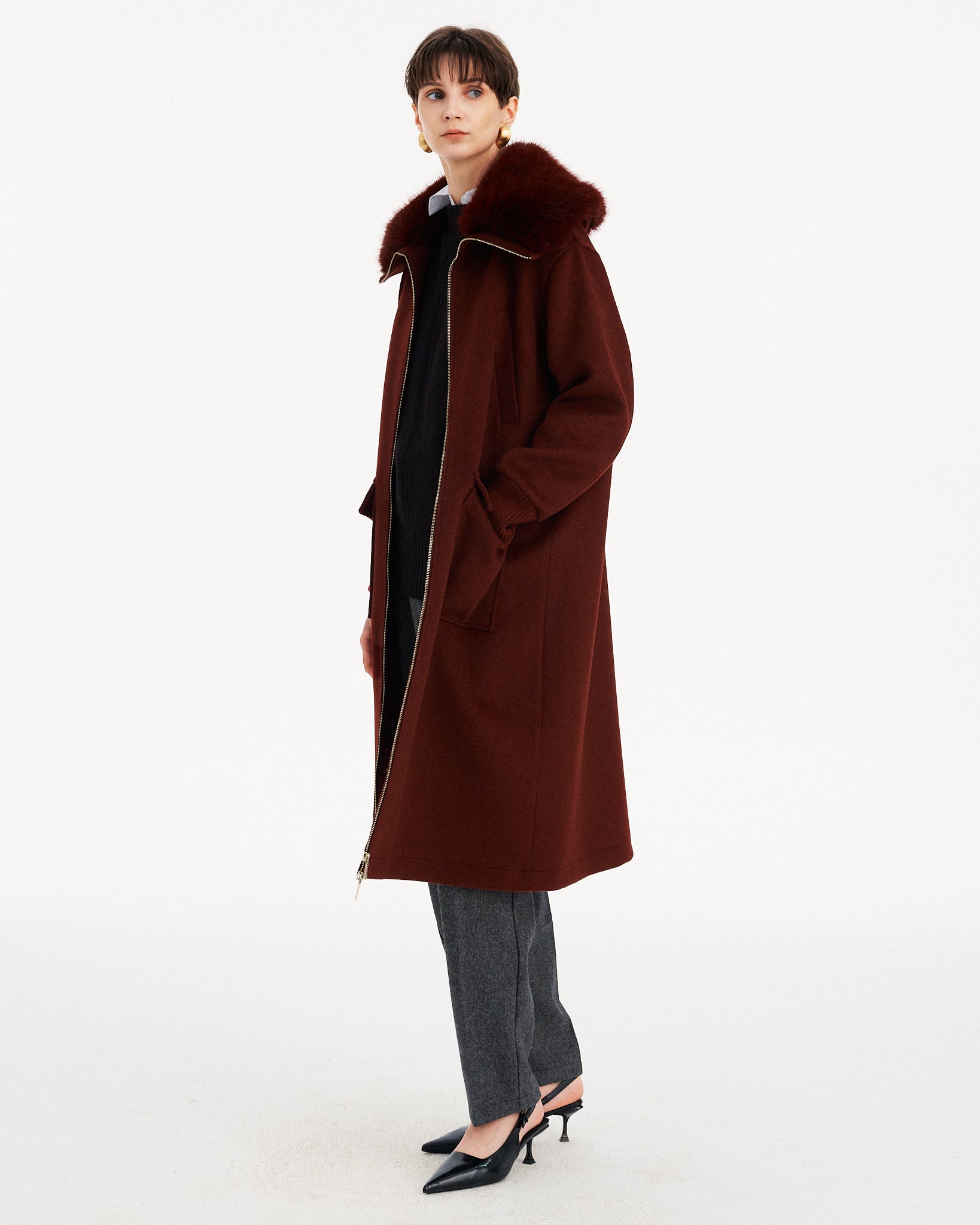 CAPPOTTO LUNGO CON COLLO IN PELLICCIA E ZIP